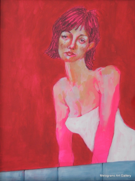 Donna dipinta su carta da Alessia Bernardeschi, in rosso su fondo rosso