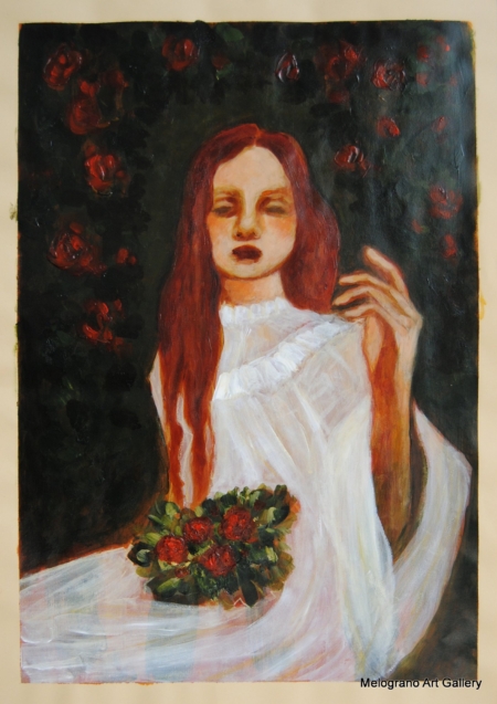 Donna dipinta su carta da Alessia Bernardeschi, con lunghi capelli rossi e bouquet di rose nella mano