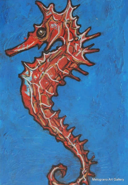 un ippocampo delizioso rosso in campo blu