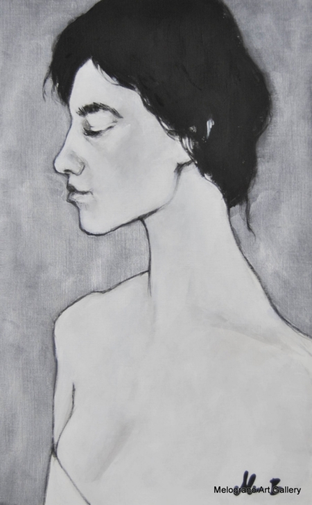 Volto intenso di donna dipinto su carta da Alessia Bernardeschi