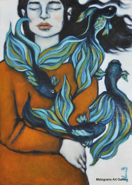 Volto intenso di donna dipinto su tavola da Alessia Bernardeschi