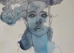 Opera di Alessia Bernardeschi, figura femminile ritratta con tratti delicati e intensi, simbolo di forza interiore e resistenza silenziosa.