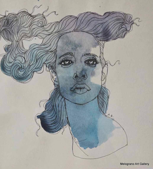 Opera di Alessia Bernardeschi, figura femminile ritratta con tratti delicati e intensi, simbolo di forza interiore e resistenza silenziosa.