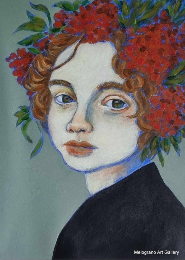 Ritratto femminile di Alessia Bernardeschi, realizzato su carta a acquarello, china e tecnica mista, espressione intensa e delicata.
