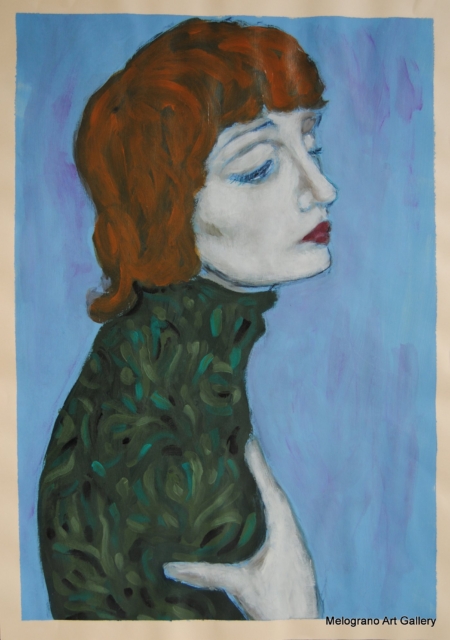 Donna dipinta su carta da Alessia Bernardeschi, con sguardo languido