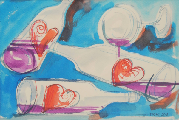 Affetti Instabili – Variante, disegno di CAPRAS: foglio diviso in tre zone (rosso mattone verticale, nero sopra, giallo sotto), bottiglia orizzontale che versa vino porpora in bicchiere da champagne, il vino diventa rosso formando un cuore