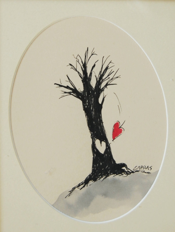 Cuore Cadente, disegno in bianco e nero di CAPRAS: albero secco con cuore inciso che vola via lasciando traccia rossa sul tronco