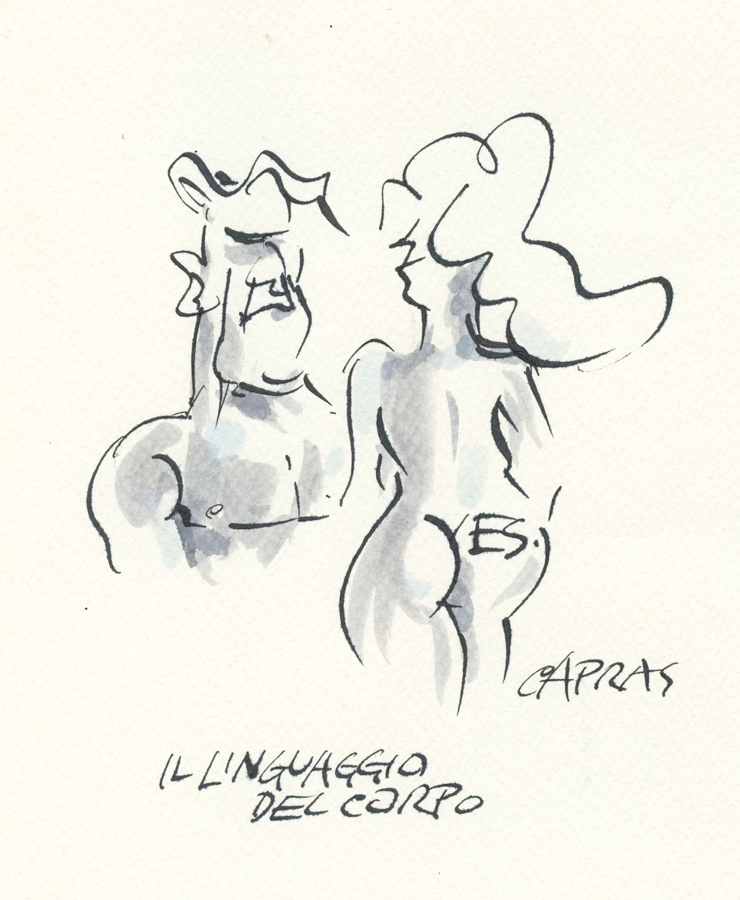 Il linguaggio del corpo – vignetta in bianco e nero di Capras con donna di spalle e scritta Yes sul lato B