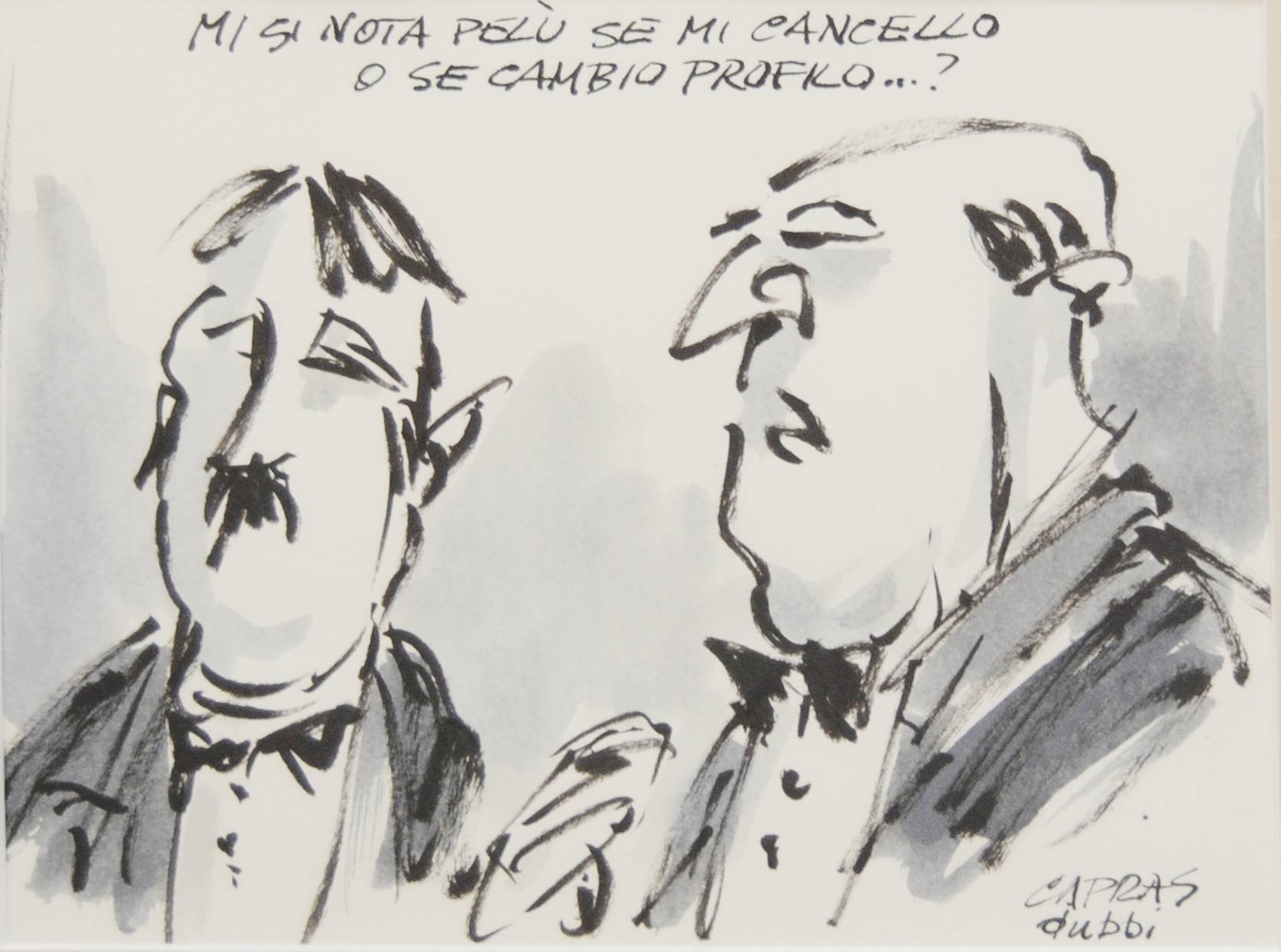 🔹 ALT immagine Mi si nota Pelù se mi cancello o se cambio profilo, vignetta di CAPRAS: figura simile a Hitler con dialogo ironico, satira visiva