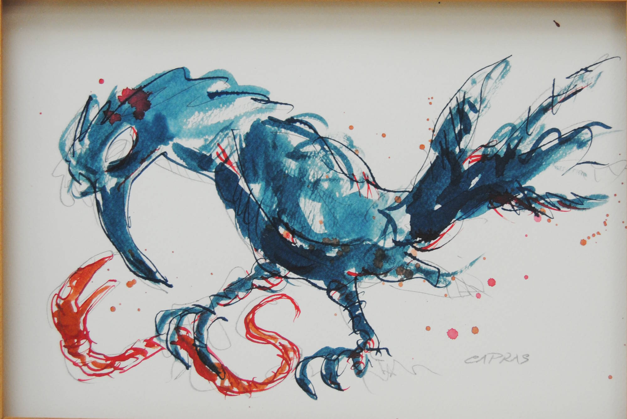 Storia di tutti i giorni, disegno di CAPRAS: gallo dallo sguardo vuoto e crudele azzanna un verme rosso, tratti nervosi di colore blu