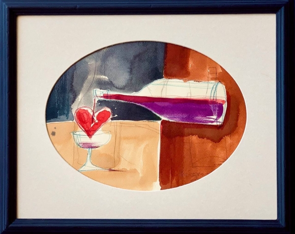 Un Sorso d’Amore, disegno di CAPRAS: foglio diviso in tre zone (rosso mattone verticale, nero sopra, giallo sotto), bottiglia orizzontale che versa vino porpora in bicchiere da champagne, il vino diventa rosso formando un cuore