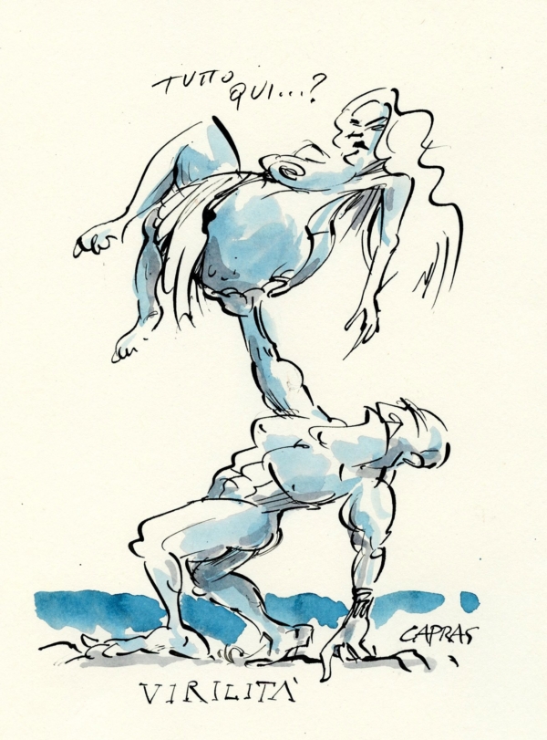 Virilità – vignetta di Capras con uomo muscoloso in posa da circo che solleva una donna corpulenta