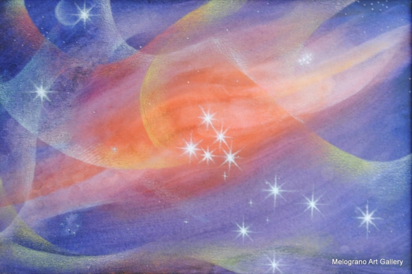 Quadro di Carlotta Pardini dedicato alla costellazione del Toro, con riflessi viola e rossi