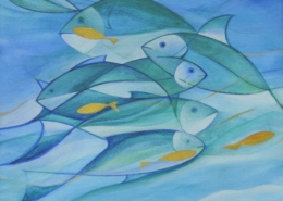 Quadro di Carlotta Pardini con gioiosi pesciolini nell'azzurro del mare