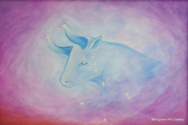 Quadro di Carlotta Pardini dedicato alla costellazione del Toro, con riflessi viola e rossi
