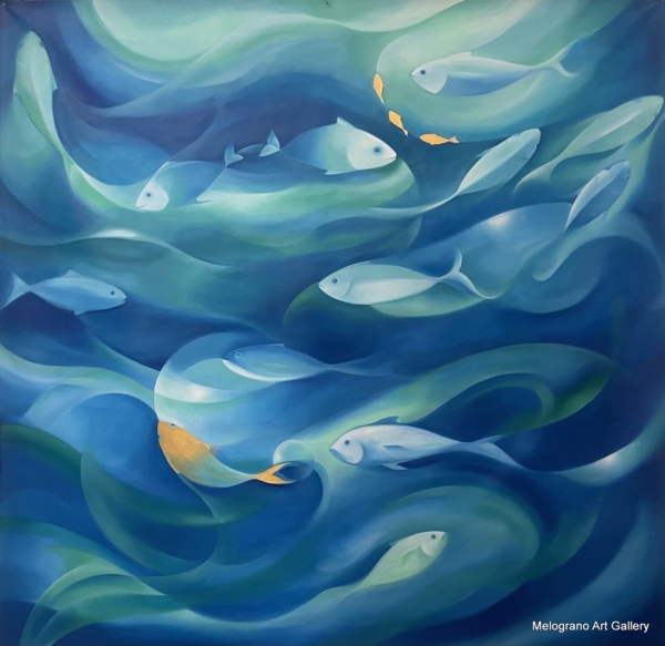 Quadro di Carlotta Pardini con paesaggio marino etereo, azzurri e verdi intensi, dettagli dorati e riflessi di luce