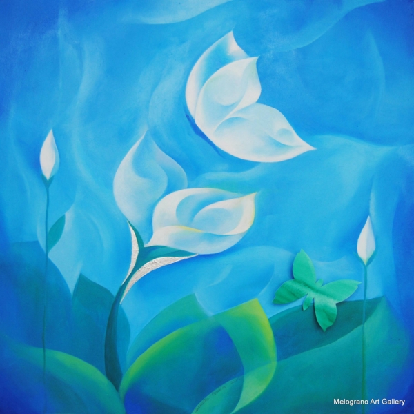 Quadro di Carlotta Pardini con fiori delicati nel verde e azzuro. Un prato di sogno sul quale si posa una farfalla