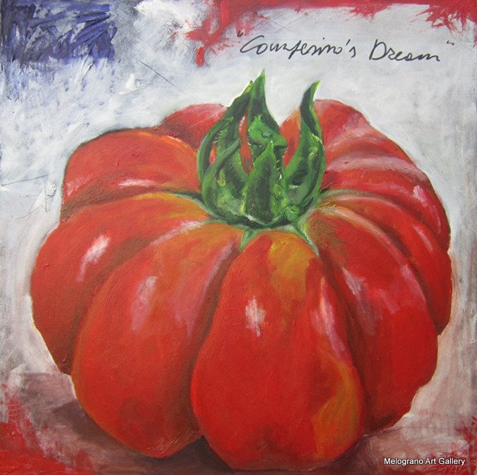 Dipinto figurativo di Claudio Citi con pomodoro in primo piano, enfatizzato con amore e riverenza, realismo contemporaneo