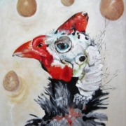 Claudio Citi – Trasformazione N 1 The Princess Dipinto figurativo di Claudio Citi con gallina geneticamente modificata e uova scure sospese, atmosfera surreale e ironica