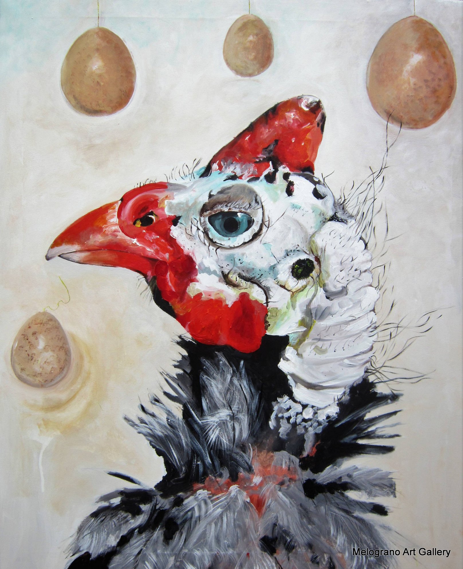 Dipinto figurativo di Claudio Citi con gallina geneticamente modificata e uova scure sospese, atmosfera surreale e ironica