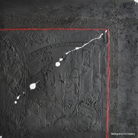 Opera astratta di Claudio Citi su fondo nero con linee bianche e rosse, realismo contemporaneo e ironia visiva
