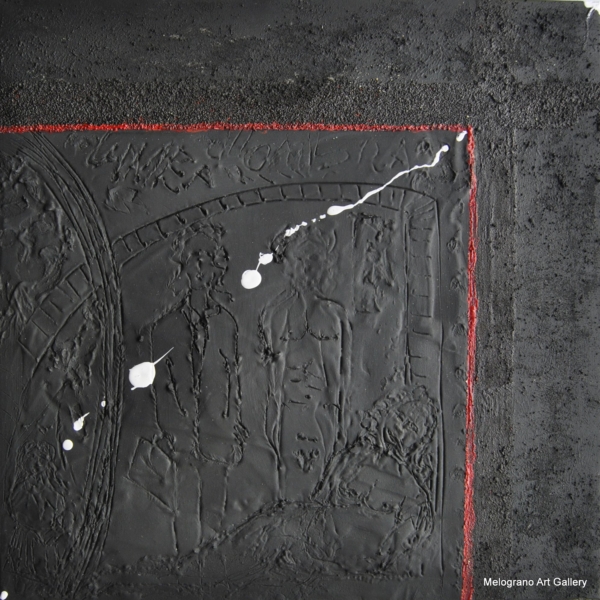 Opera astratta di Claudio Citi su fondo nero con linee bianche e rosse, realismo contemporaneo e ironia visiva
