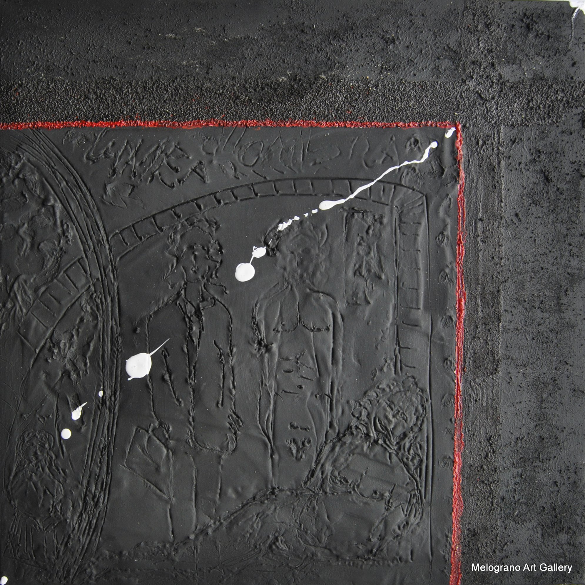 Opera astratta di Claudio Citi su fondo nero con linee bianche e rosse, realismo contemporaneo e ironia visiva