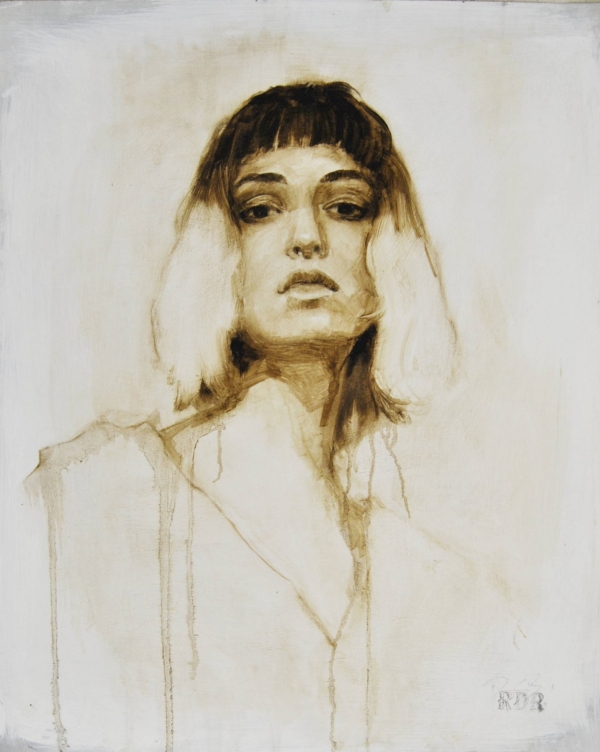 Quadro di Davide Robert Ross, opera a bitume su lastra metallica con figura femminile contemporanea