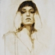 Quadro di Davide Robert Ross, opera a bitume su lastra metallica con figura femminile contemporanea