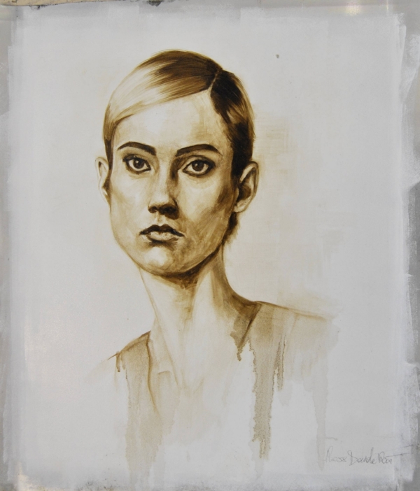 Quadro di Davide Robert Ross, opera a bitume su lastra metallica con figura femminile contemporanea
