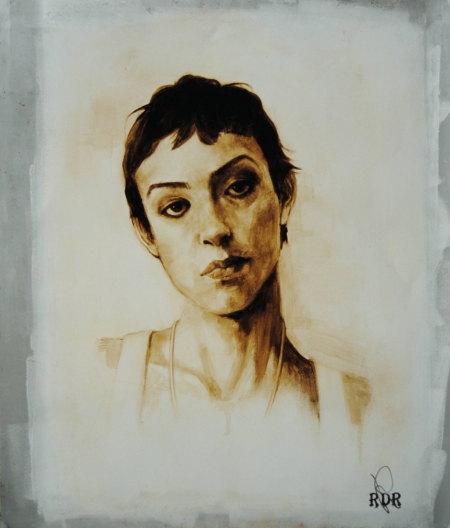 Quadro di Davide Robert Ross, opera a bitume su lastra metallica con figura femminile contemporanea
