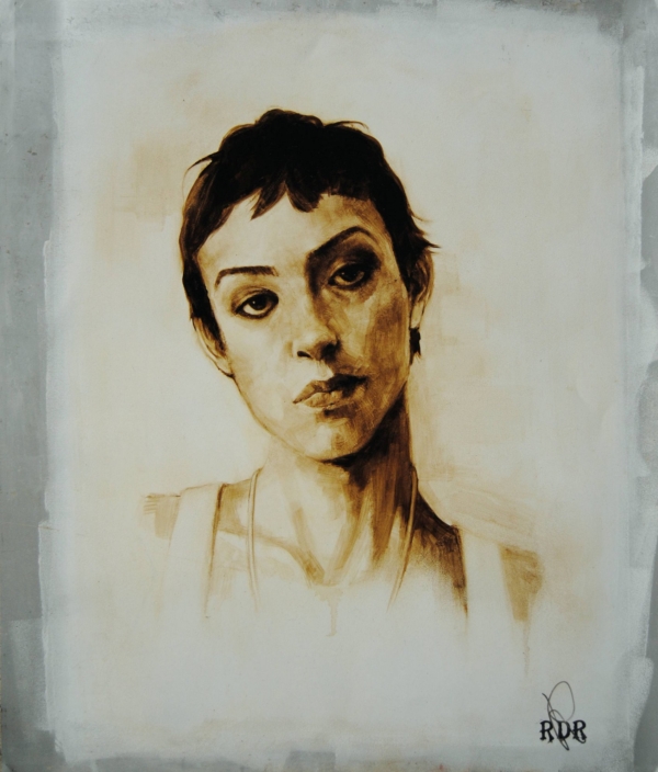 Quadro di Davide Robert Ross, opera a bitume su lastra metallica con figura femminile contemporanea