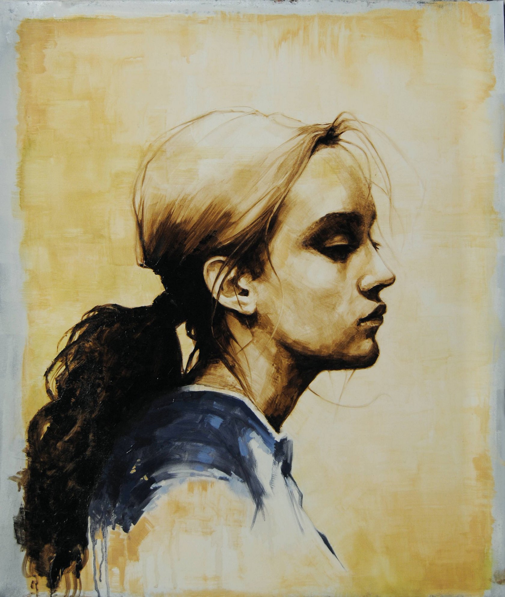 Quadro di Davide Robert Ross, opera a bitume su lastra metallica con figura femminile contemporanea