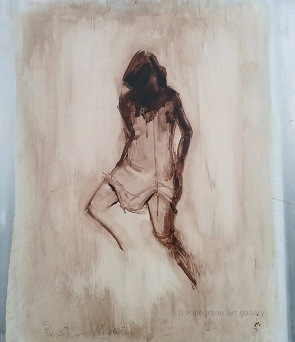 Quadro di Davide Robert Ross, opera a bitume su lastra metallica con figura femminile contemporanea