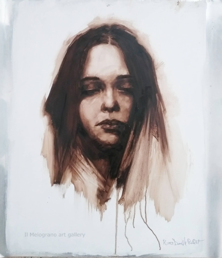 Quadro di Davide Robert Ross, opera a bitume su lastra metallica con figura femminile contemporanea