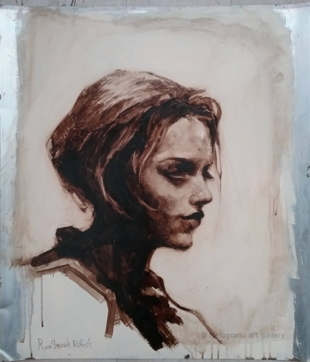 Quadro di Davide Robert Ross, opera a bitume su lastra metallica con figura femminile contemporanea