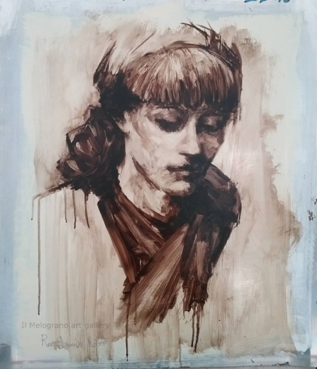 Quadro di Davide Robert Ross, opera a bitume su lastra metallica con figura femminile contemporanea