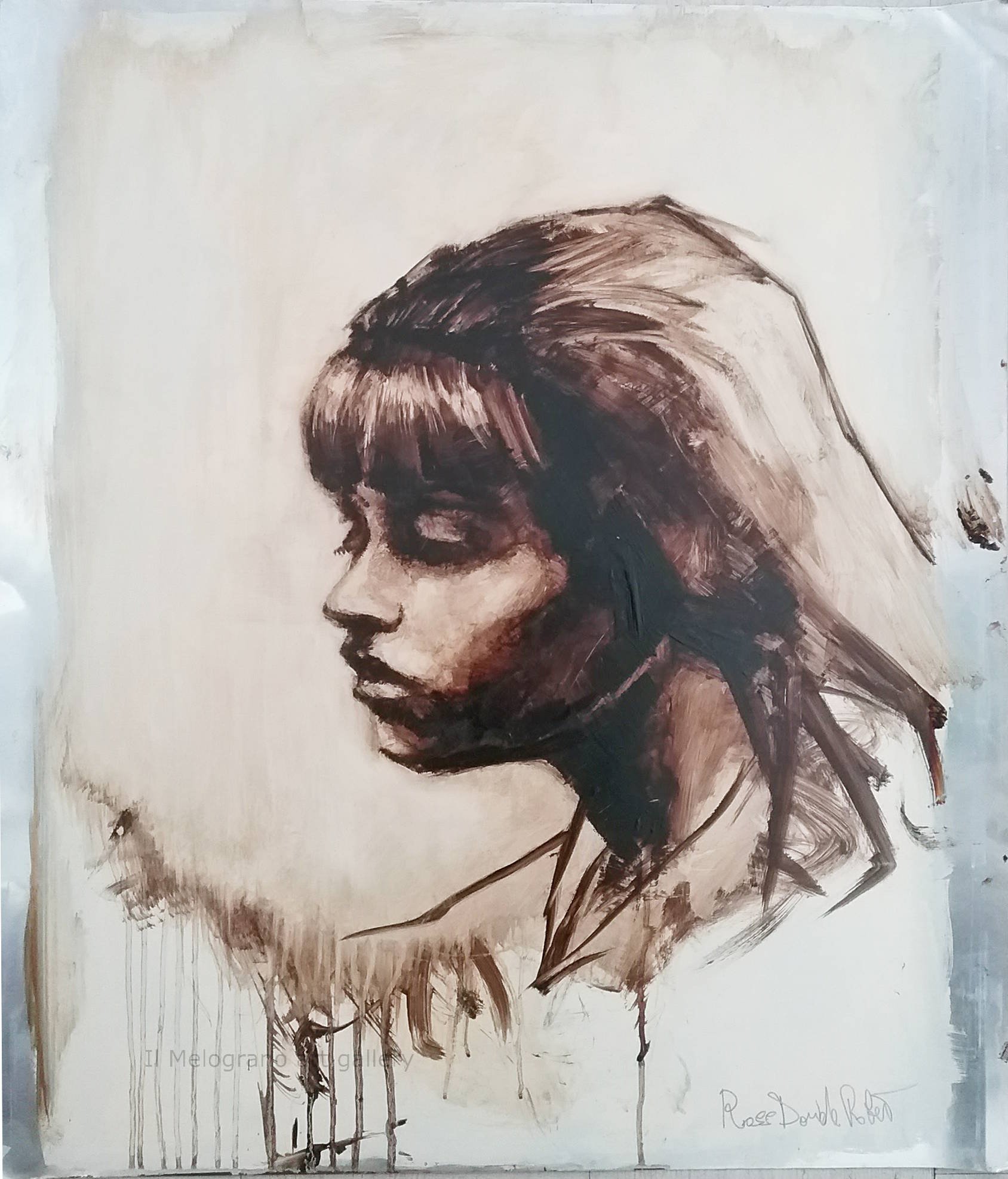 Quadro di Davide Robert Ross, opera a bitume su lastra metallica con figura femminile contemporanea