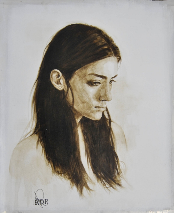 Quadro di Davide Robert Ross, opera a bitume su lastra metallica con figura femminile contemporanea