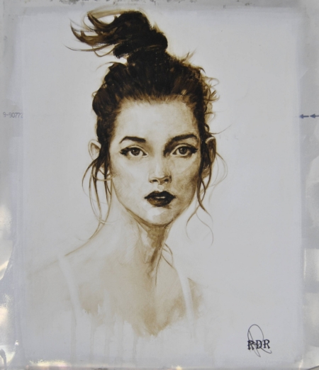 Quadro di Davide Robert Ross, opera a bitume su lastra metallica con figura femminile contemporanea