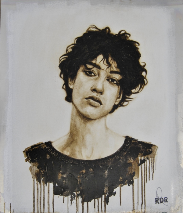 Quadro di Davide Robert Ross, opera a bitume su lastra metallica con figura femminile contemporanea