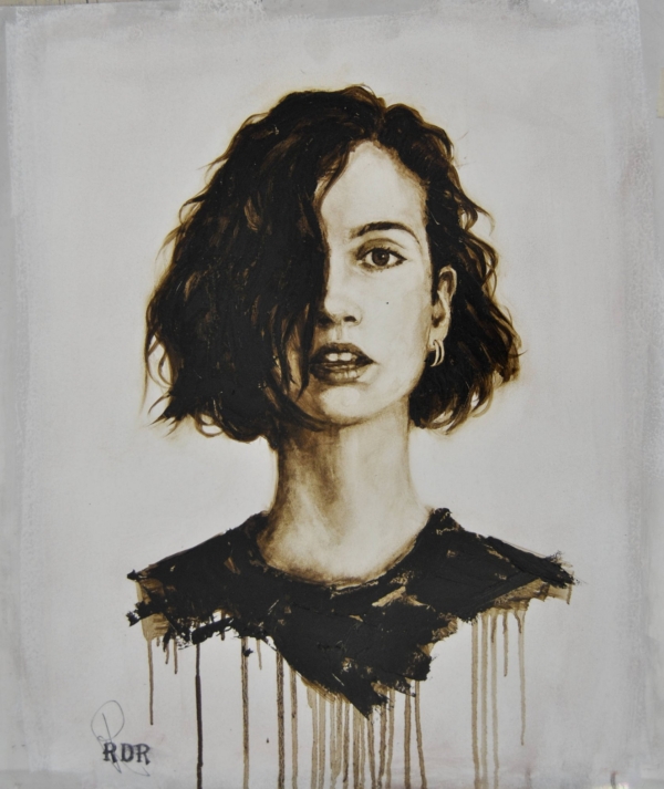Quadro di Davide Robert Ross, opera a bitume su lastra metallica con figura femminile contemporanea
