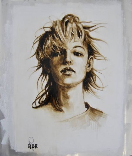 Quadro di Davide Robert Ross, opera a bitume su lastra metallica con figura femminile contemporanea