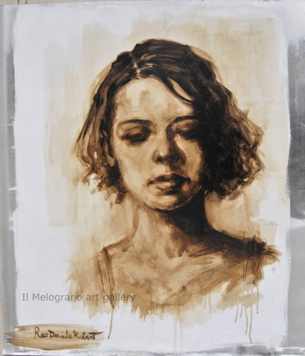 Quadro di Davide Robert Ross, opera a bitume su lastra metallica con figura femminile contemporanea