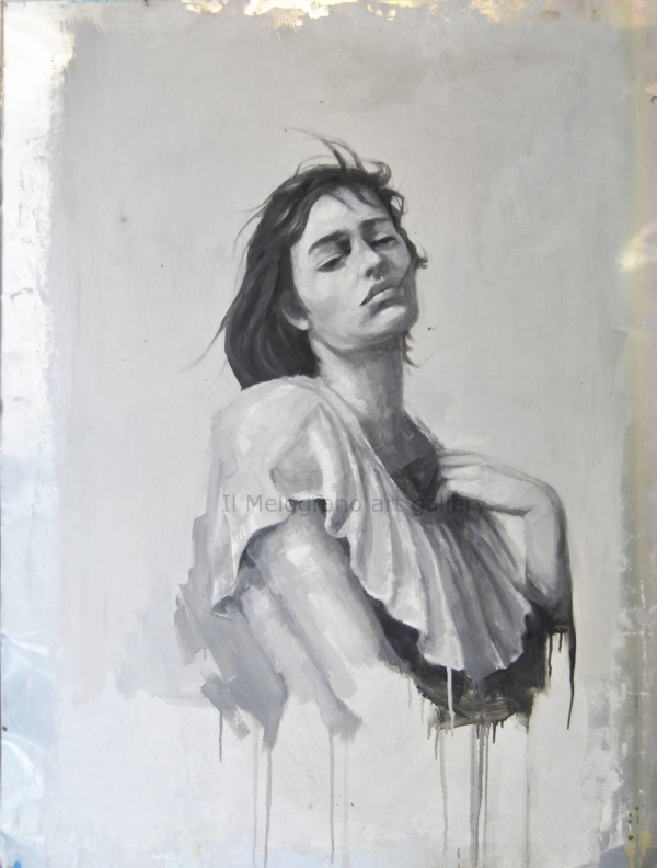 Quadro di Davide Robert Ross, opera a tecnia mista su lastra metallica con figura femminile contemporanea