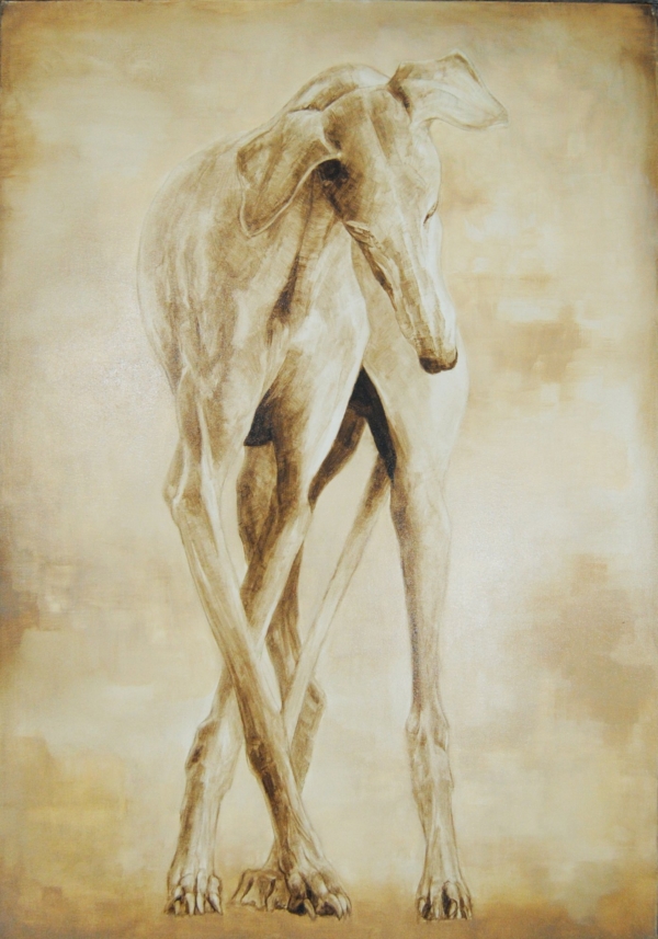 Un elegantissimo cane in bitume su tela di Davide Robert Ross, uno splendido levriero