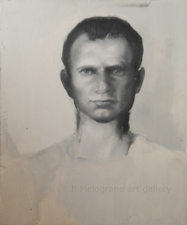 Ritratto maschile contemporaneo di Davide Robert Ross, opera a olio su tela dal segno intenso ed espressivo