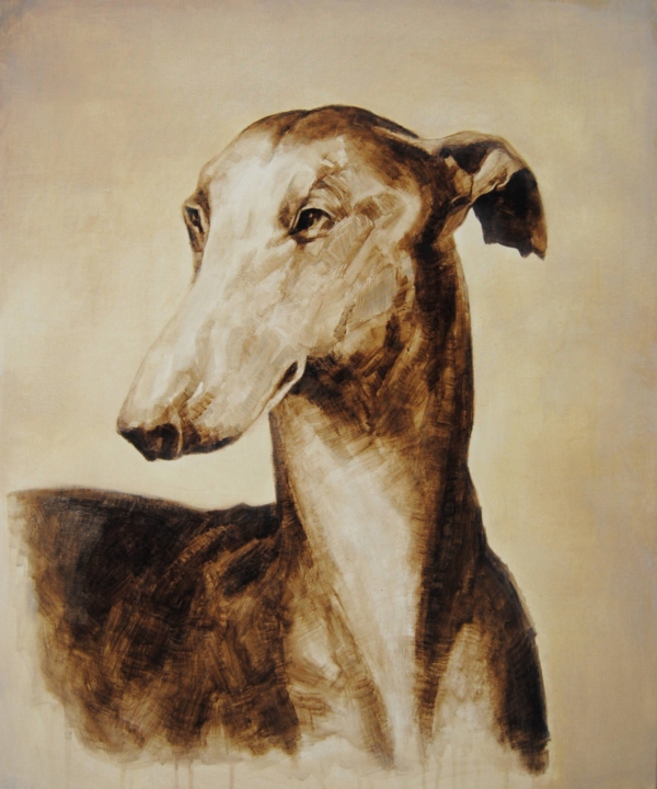 Un elegantissimo cane in bitume su tela di Davide Robert Ross, uno splendido levriero