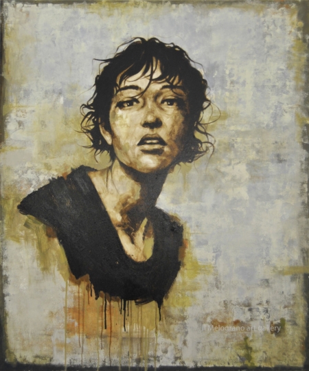 Quadro di Davide Robert Ross, opera a bitume su tela con figura femminile contemporanea