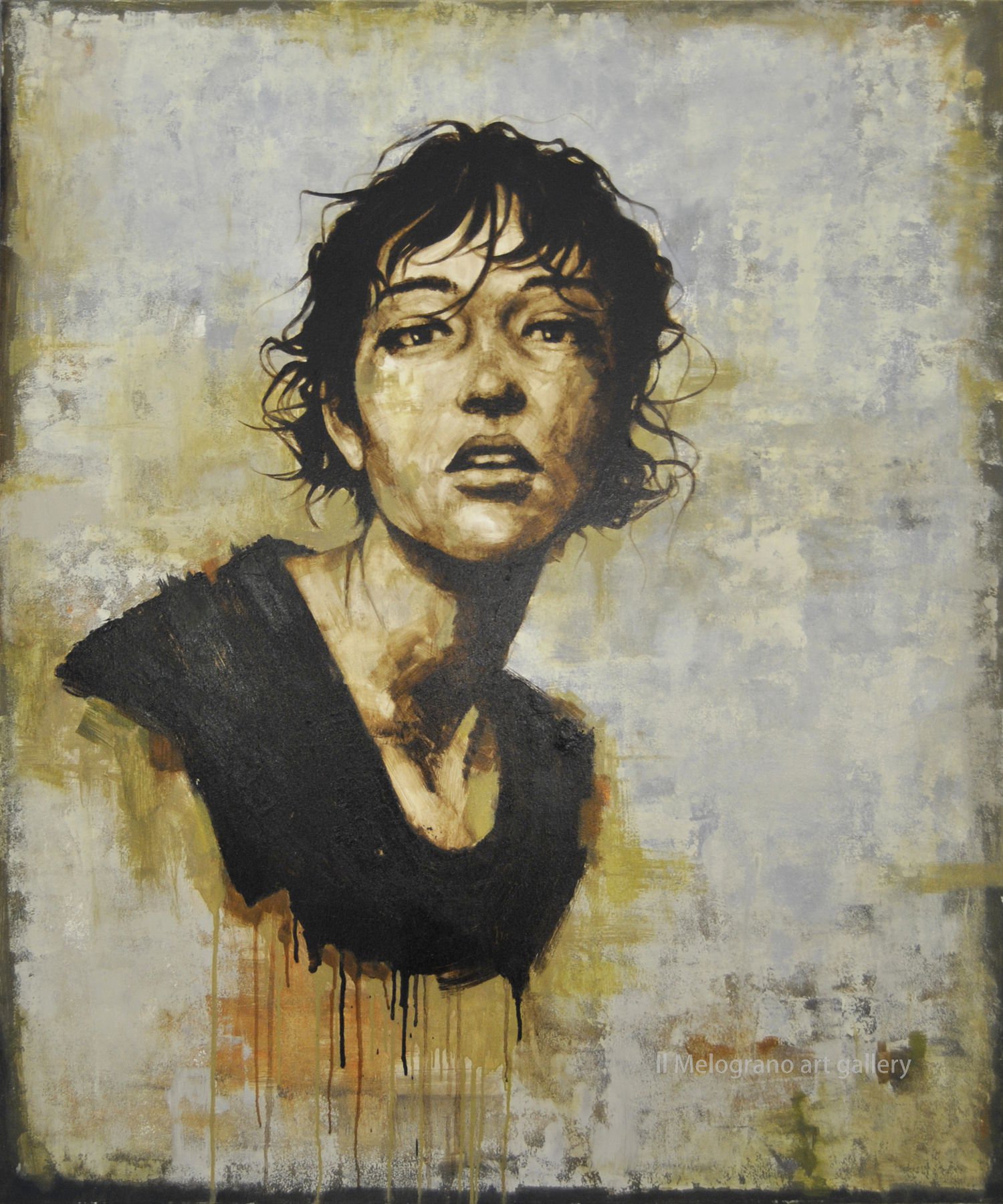 Quadro di Davide Robert Ross, opera a bitume su tela con figura femminile contemporanea